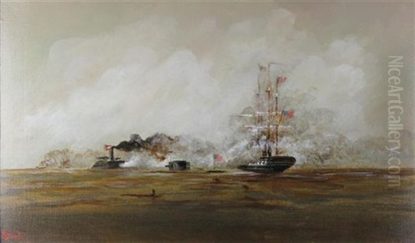 Battle Of The Monitor And Merrimack Oil Painting by Alexander Charles Stuart