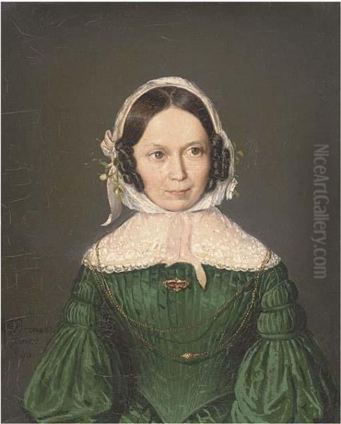 Portrait Of A Lady, Half Length In A Green Dress, Lace Collar And Bonnet Oil Painting by Karl Brauer