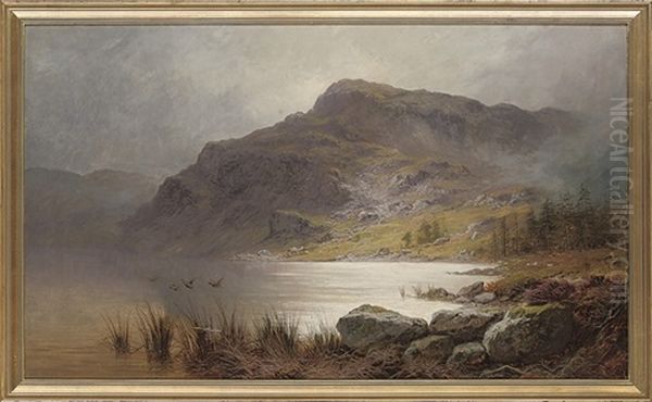 Ducks Flying Over A Loch Oil Painting by Charles Stuart