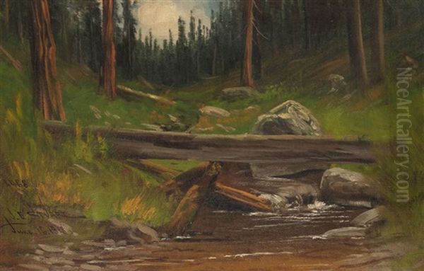 The Cascade On Lealand Creek At Cow Creek, Tuolnmne [sic] Co. California, June 17, 1918, Fallen Log Across A Stream Oil Painting by James Everett Stuart