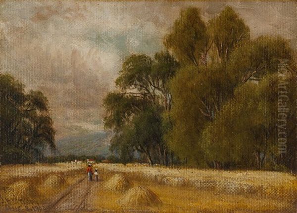 Wheatfields - San Ramone Valley - California, Two Figures Walking In A Field Oil Painting by James Everett Stuart