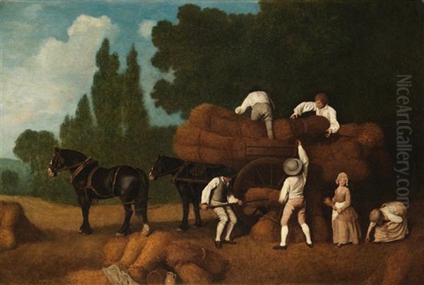 Men Loading Sheaves Of Corn Onto A Cart, With Two Young Girls Gleaning Oil Painting by George Stubbs