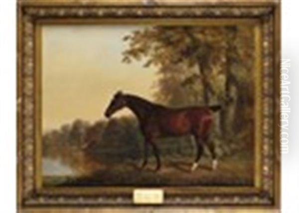 A Dark Bay Hunter In A Wooded Lake Landscape, Painted For A Member Of The Peyton Family Oil Painting by George Stubbs