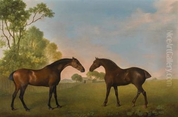 Two Bay Hunters In A Paddock Oil Painting by George Stubbs