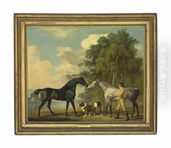 Two Hunters With A Young Groom And A Dog By A Lake Oil Painting by George Stubbs