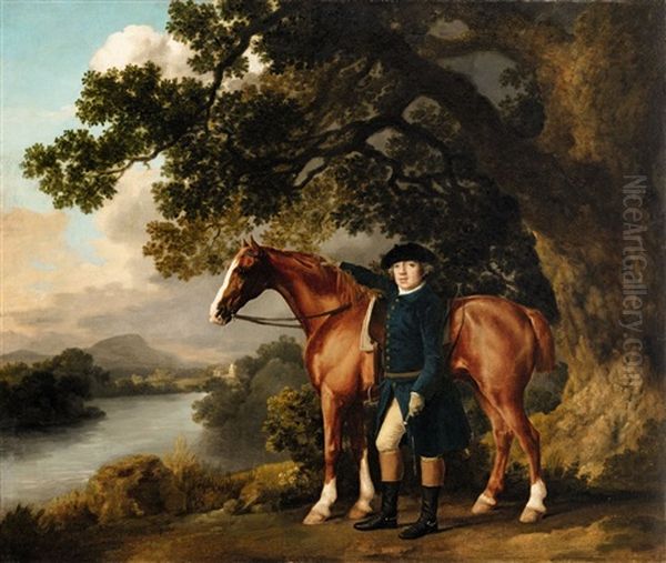 A Gentleman In Riding Clothes Standing Beside A Chestnut A Hunter by George Stubbs