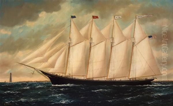 The Four-masted Schooner Andrew Adams Sailing Past A Lighthouse Oil Painting by William Pierce Stubbs