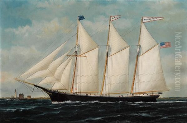 The Martha N. Hale Passing A Lighthouse Off A New England Coast Oil Painting by William Pierce Stubbs