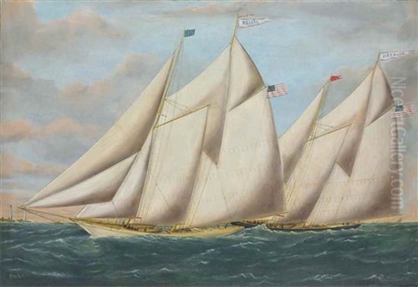 The Nellie And The Bethian Racing Off Two Lights In Portland Harbor by William Pierce Stubbs