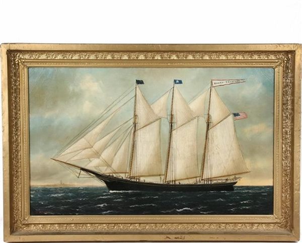 Portrait Of The Three Mast Wooden Hulled Schooner 'harry Prescott' Passing A Lighthouse Oil Painting by William Pierce Stubbs