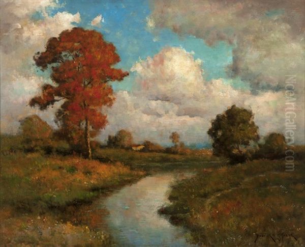 River In An Autumn Landscape Oil Painting by Dedrick B. Stuber