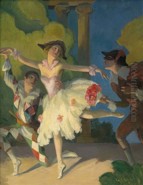 Commedia Dell'arte: Balletttanzerin Mit Zwei Harlekinen Oil Painting by Robert Emil Stuebner