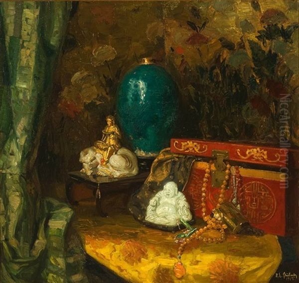 Stilleben Mit Buddha Und Chinesischer Vase Oil Painting by Robert Emil Stuebner