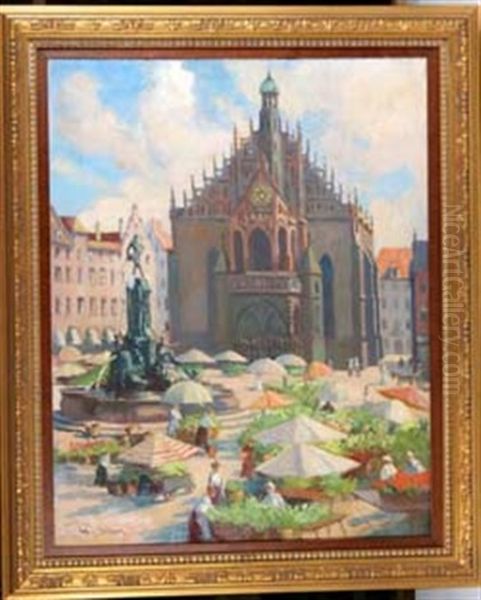 Der Nurnberger Hauptmarkt Mit Dem Neptunbrunnen Und Der Frauenkirche Oil Painting by Robert Emil Stuebner