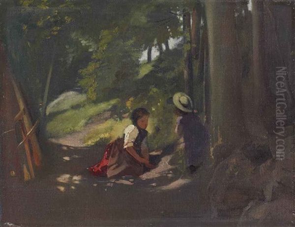 Zwei Madchen Im Walde Oil Painting by Ernst Stueckelberg