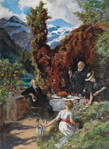 Gottfried Keller Und Conrad Ferdinand Meyer An Tafelrunde Vor Gebirgslandschaft Oil Painting by Ernst Stueckelberg