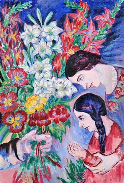 Blumengruss (bildnis Von Elisabeth Und Felicitas Mit Blumenstrauss) Oil Painting by Stanislaw Stuckgold