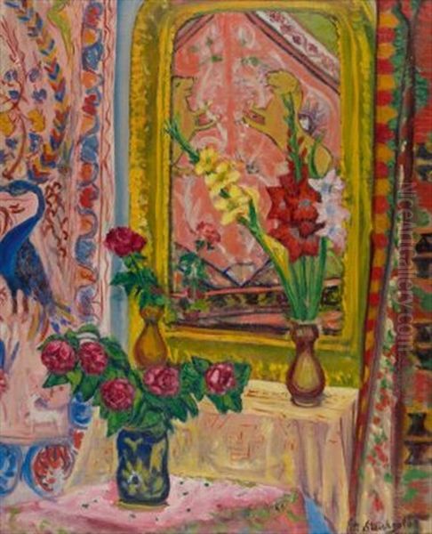 Rosa Zimmerwand Mit Blumen Und Spiegel Oil Painting by Stanislaw Stuckgold