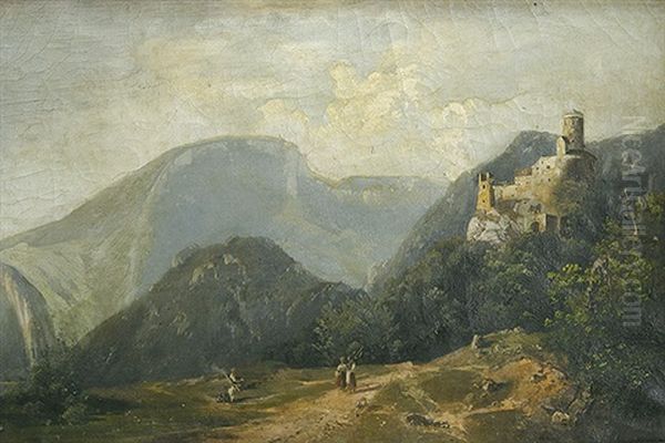 Bauernmadchen Auf Dem Weg Zu Einem Am Fus Einer Burg Gelegenen Dorf, Im Hintergrund Die Alpen Oil Painting by Bernhard Studer