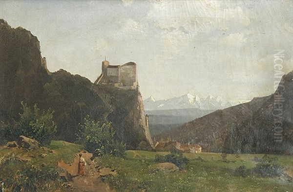 Blick Auf Die Neu-bechburg Bei Oensingen, Im Vordergrund Bauern Oil Painting by Bernhard Studer