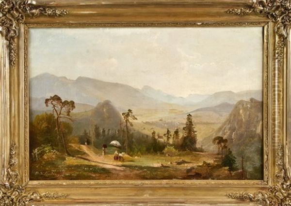 Maler Vor Seiner Staffelei In Romantischer Gebirgslandschaft Mit Weitem Blick Auf Den Tal Mit Siedlung Oil Painting by Bernhard Studer