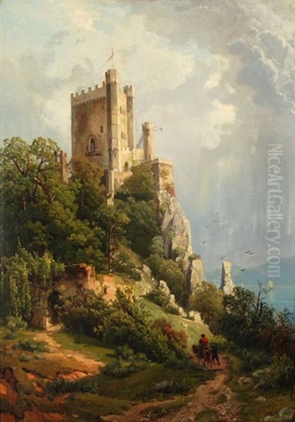 Blick Von Einer Anhohe Auf Eine Burg, Im Hintergrund Ein See Oil Painting by Bernhard Studer