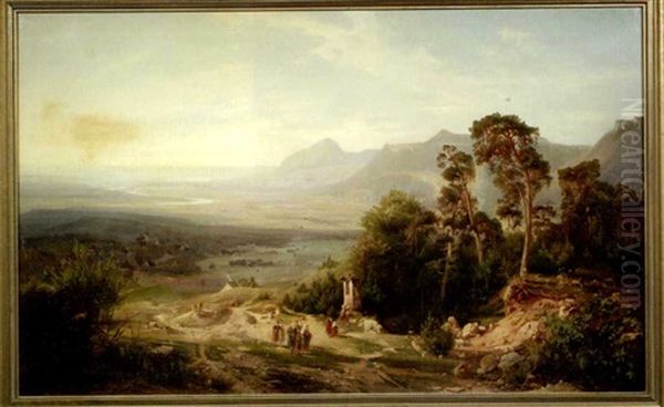 Von Einer Anhohe Aus Weiter Blick Ins Tal Mit Zahlreichen Dorfern Und Gehoften Oil Painting by Bernhard Studer