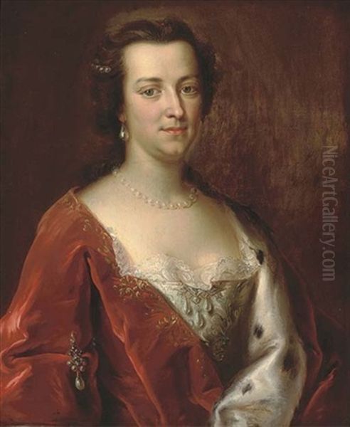 Portrait Of Gertrude Leveson-gower Wearing An Ermine-lined Shawl And A String Of Pearls Oil Painting by Johann Rudolf Studer