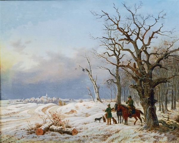 Huntsmen In A Winter Landscape Oil Painting by Heinrich Stuhlmann