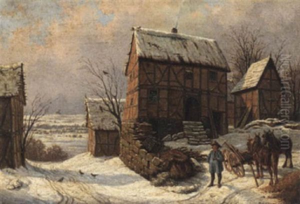 Kutscher Vor Einem Winterlichen Gehoft Oil Painting by Heinrich Stuhlmann