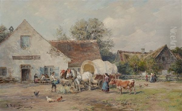 In Front Of The Village Inn Oil Painting by Karl Stuhlmueller