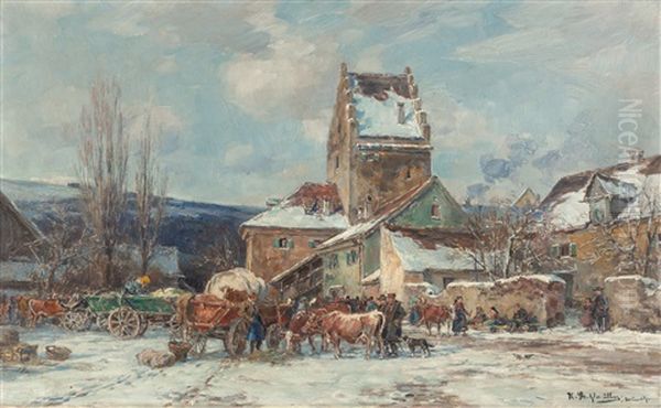 Wintery Cattle Market Oil Painting by Karl Stuhlmueller