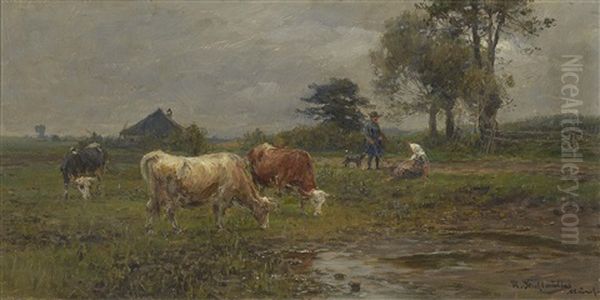 Kuhhirtin Im Gesprach Mit Einem Bauern Oil Painting by Karl Stuhlmueller