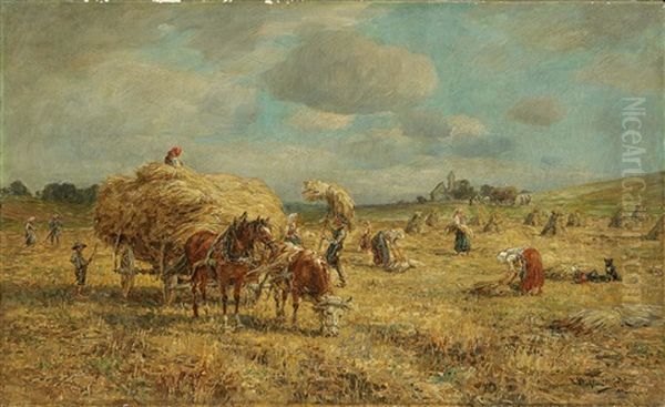 Hay Making Oil Painting by Karl Stuhlmueller