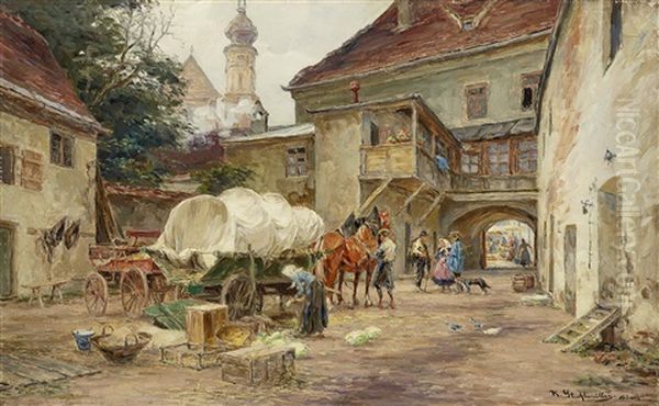 Market Day In Dachau Oil Painting by Karl Stuhlmueller