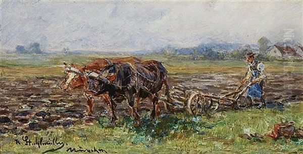 Ploughing Farmer Oil Painting by Karl Stuhlmueller