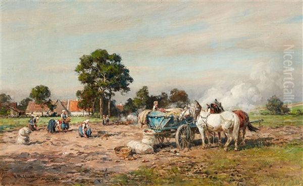 Landscape With Peasants At Harvest Time Oil Painting by Karl Stuhlmueller