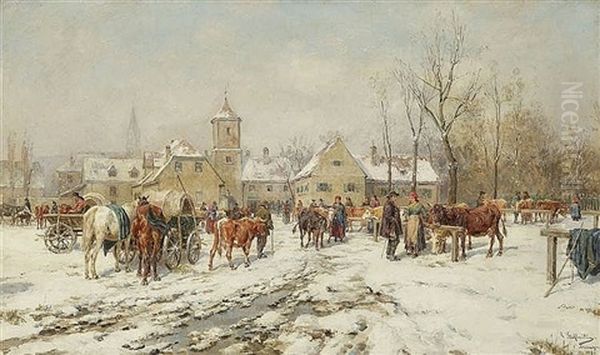 Winterlicher Viehmarkt Oil Painting by Karl Stuhlmueller