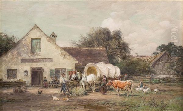 Landleben Mit Pferdefuhrwerk Vor Einem Gasthof Oil Painting by Karl Stuhlmueller