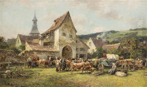 Vieh-bauernmarkt Vor Einem Dorf Oil Painting by Karl Stuhlmueller