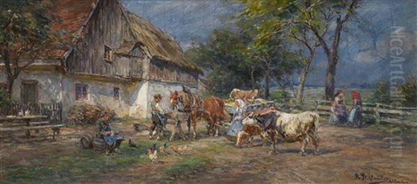 Farmers With Cattle And A Horse Carriage In Front Of A Farmstead Oil Painting by Karl Stuhlmueller