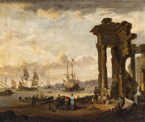 A Southern Harbour View Oil Painting by Johann Georg Stuhr