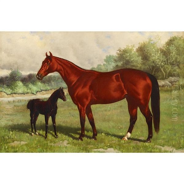 Mare And Foal Oil Painting by Henry Stull