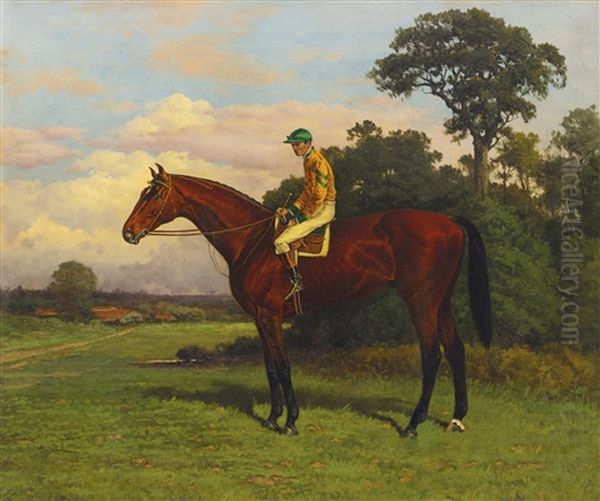 Horse And Jockey, Green With Yellow Stripe Silk Oil Painting by Henry Stull