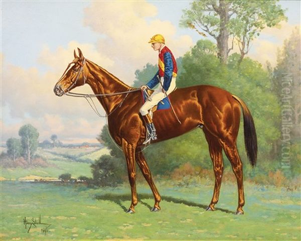 Horse With Jockey, Red And Blue Silks With Yellow Oil Painting by Henry Stull