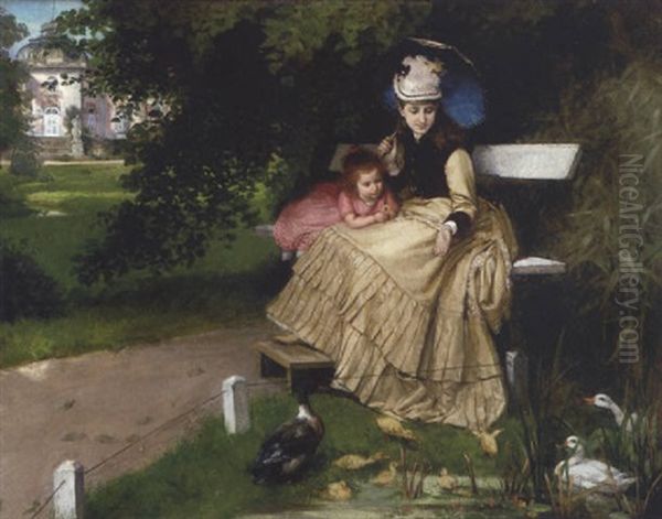 Dans Le Parc Du Chateau: Femme Et Sa Fille Devant Une Mare Animee Aux Canards Oil Painting by Friedrich Franz Stummel