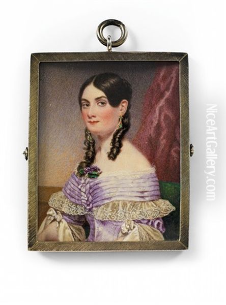 An English Portrait Miniature Of A Young Lady In A Lilac Gown Oil Painting by Samuel John Stump