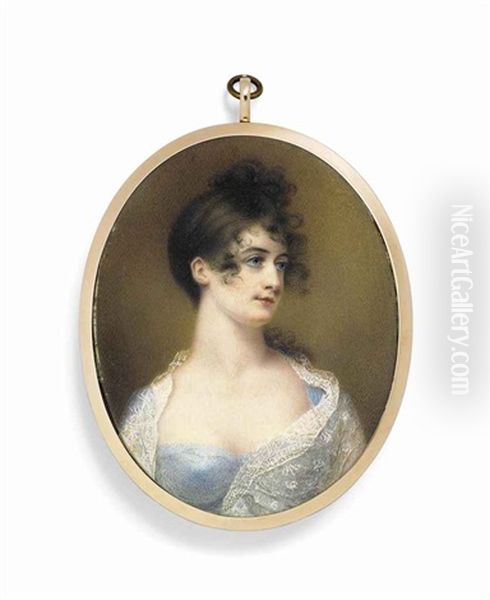 Louisa, Countess Of Craven, Nee Brunton (c. 1785-1860), In Blue Dress And Lace Shawl, Her Dark Hair Piled On Her Head; Pale Brown Background Oil Painting by Samuel John Stump