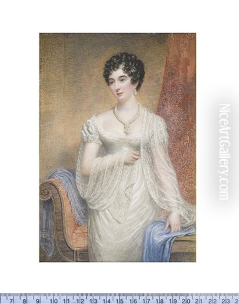 A Lady, Standing Before A Chaise Longue And Drapery, Wearing White Decollete Dress And Lace Stole, Multi-stranded Pearl Necklace, Bandeau And Pendant Earring, Her Dark Hair Curled And Upswept Oil Painting by Samuel John Stump