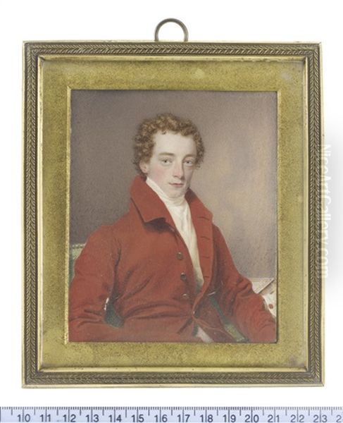 John Mytton (1796-1834), Seated On A Green Upholstered Chair, Wearing Red Coat, Cream Waistcoat, White Chemise, Stock And Cravat Oil Painting by Samuel John Stump